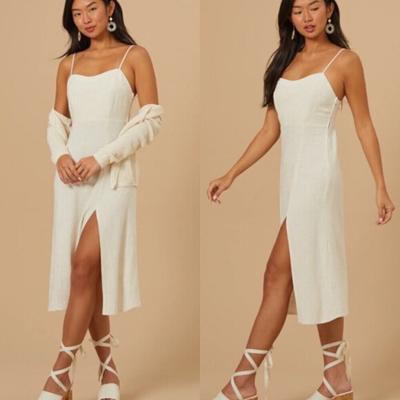 NWT Altar'd State Natural Beige Sadie Linen Slit Midi Dress - Picture 1 of 7